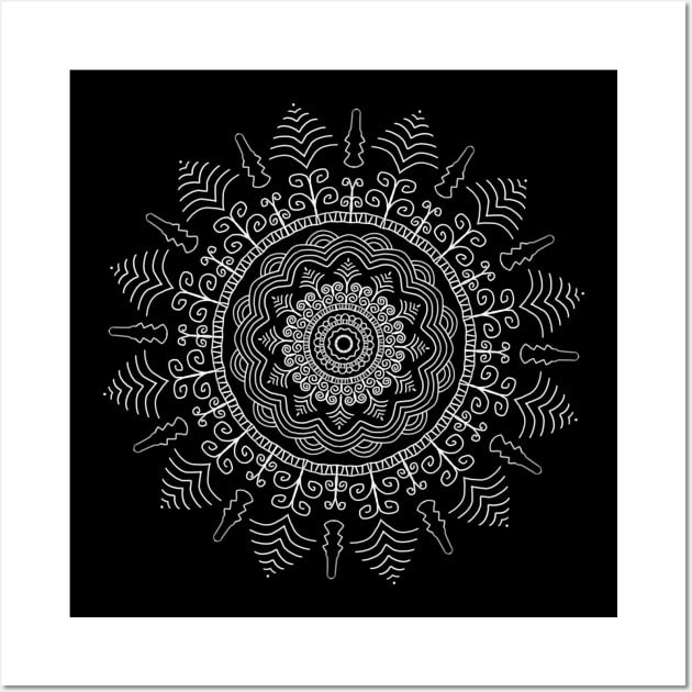 White Mandala on Black Background Wall Art by karenmcfarland13